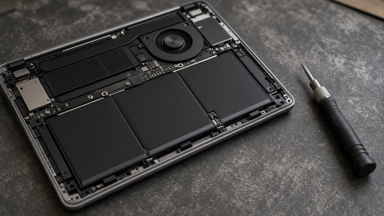 Laptop with the bottom panel removed showing the internal battery pack