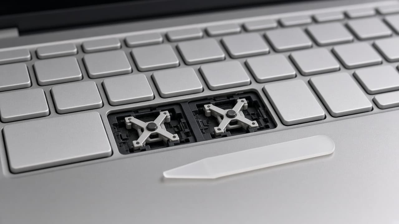 Laptop keyboard with two keycaps removed showing the scissor mechanism