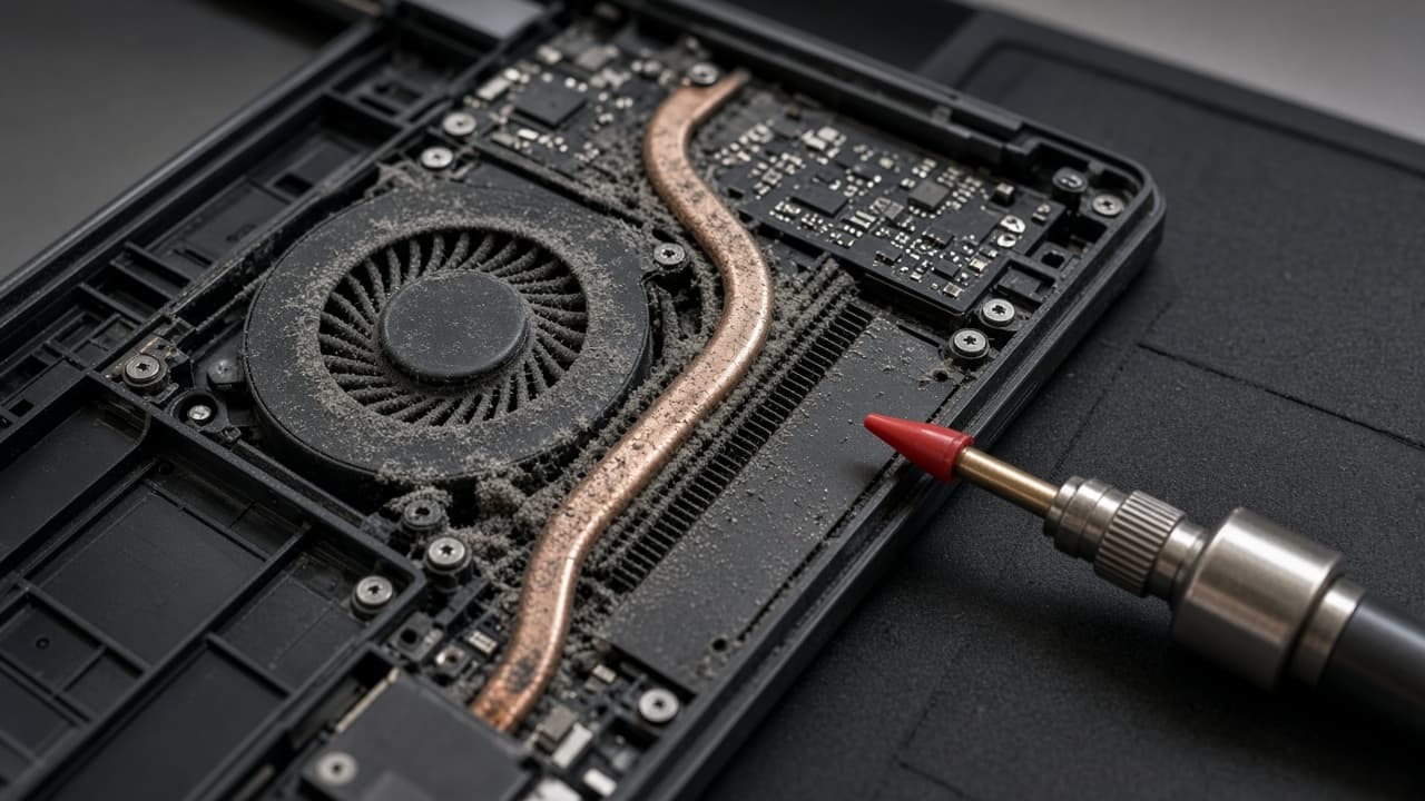 Opened laptop with a cooling fan and heat pipe clogged with dust