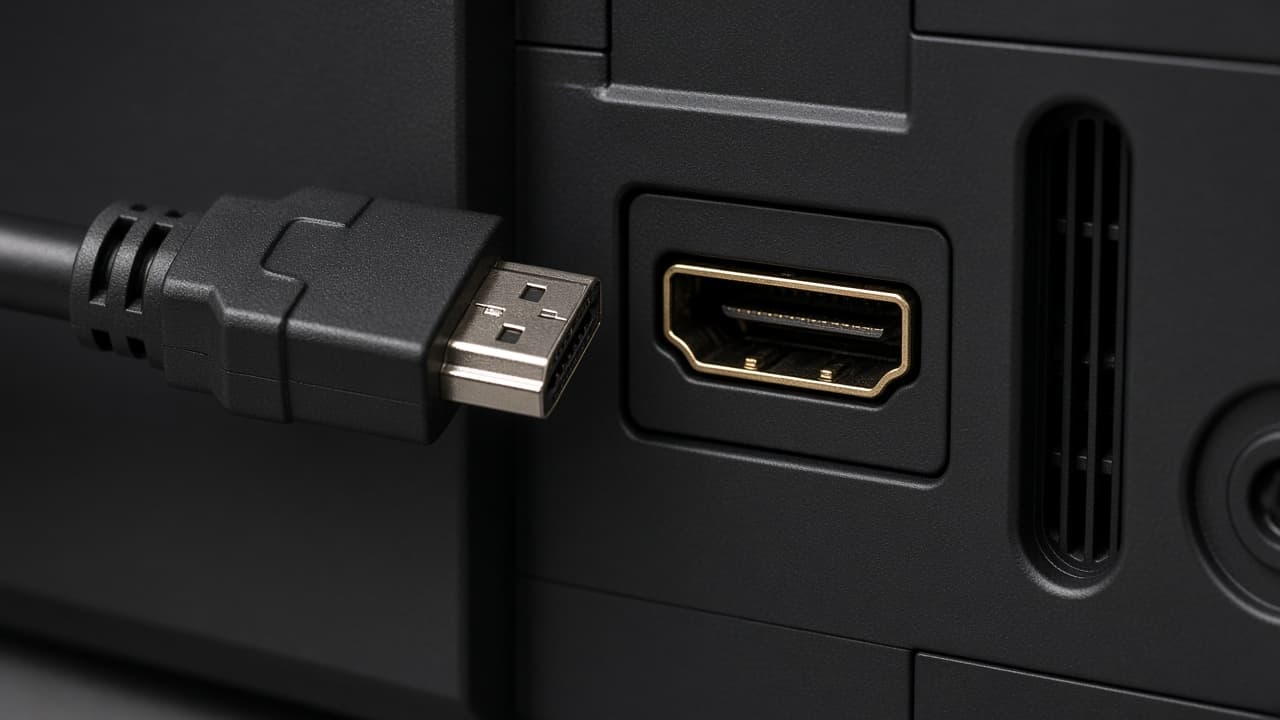 HDMI cable held next to the HDMI port on the back of a game console