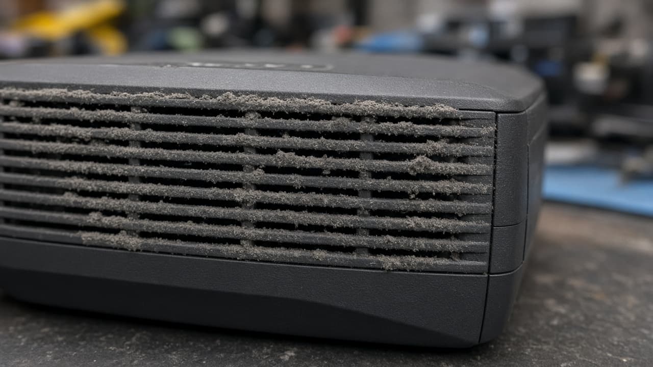 Rear ventilation grille of a game console packed with grey dust