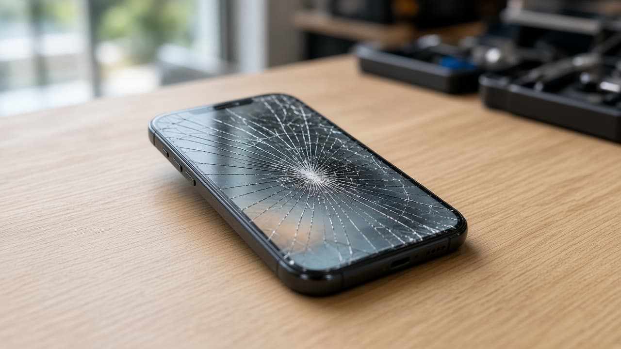Smartphone with a cracked screen on a repair bench beside a screwdriver set