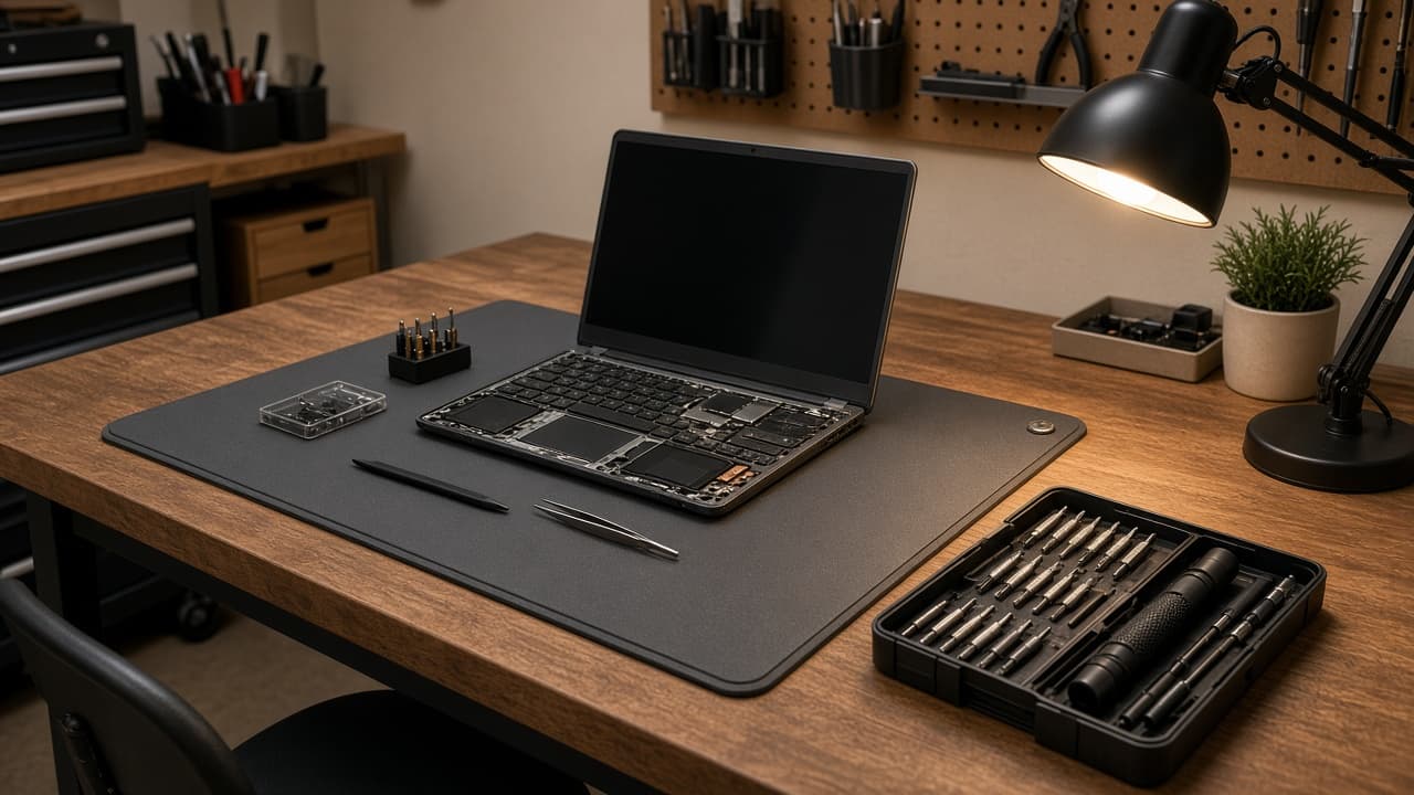 Electronics repair bench with an open laptop, screwdriver set, and anti-static mat
