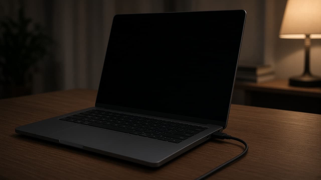 Open laptop with a black screen and the charger plugged in