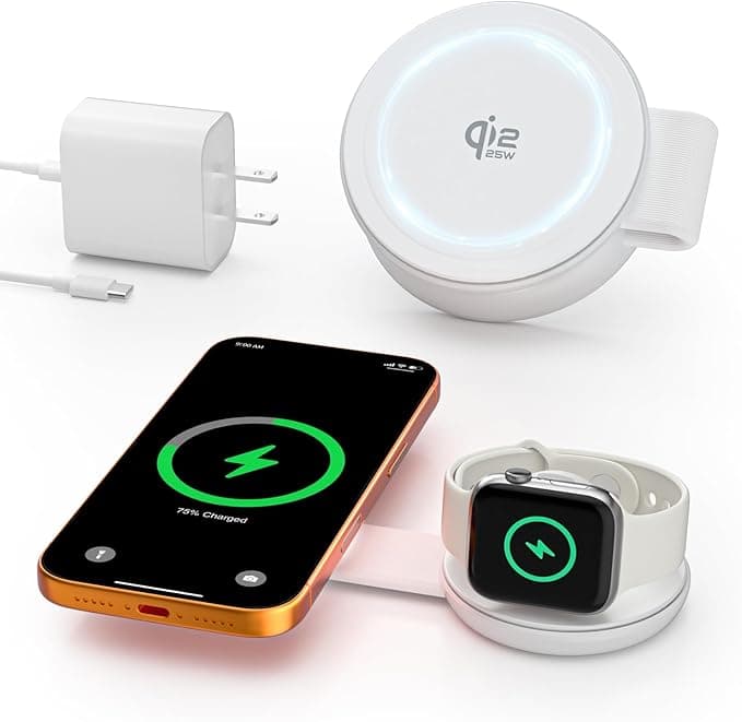 2 in 1 Magnetic Wireless Charger, Qi2 25W Fast Charging Travel Station Pad Compatible with MagSafe for iPhone Air/17/16/15/14/13/12, 5W for Apple Watch, AirPods 4/3/2/Pro with 30W Adapter (White)