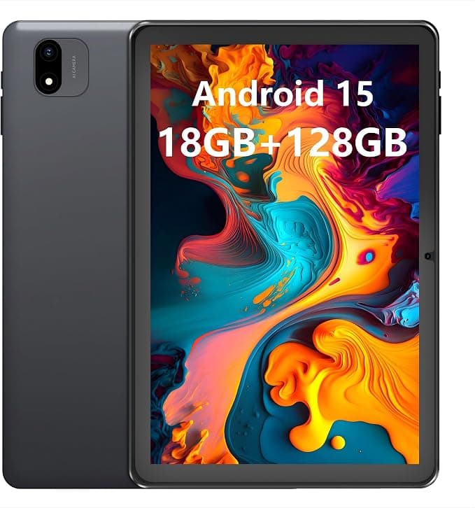 Android Tablet, 10.1 inch Android 15 Tablets 18 (6+12 GB RAM 128GB ROM, 1280x800 IPS HD Touchscreen,6000mAh Battery, Bluetooth, 2MP+5MP Dual Camera, GMS, WiFi (Black)