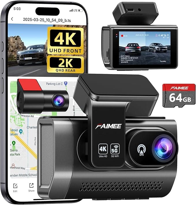 FAIMEE 4K Dash Cam Front and Rear, Night Vision, WDR, Free Card Included