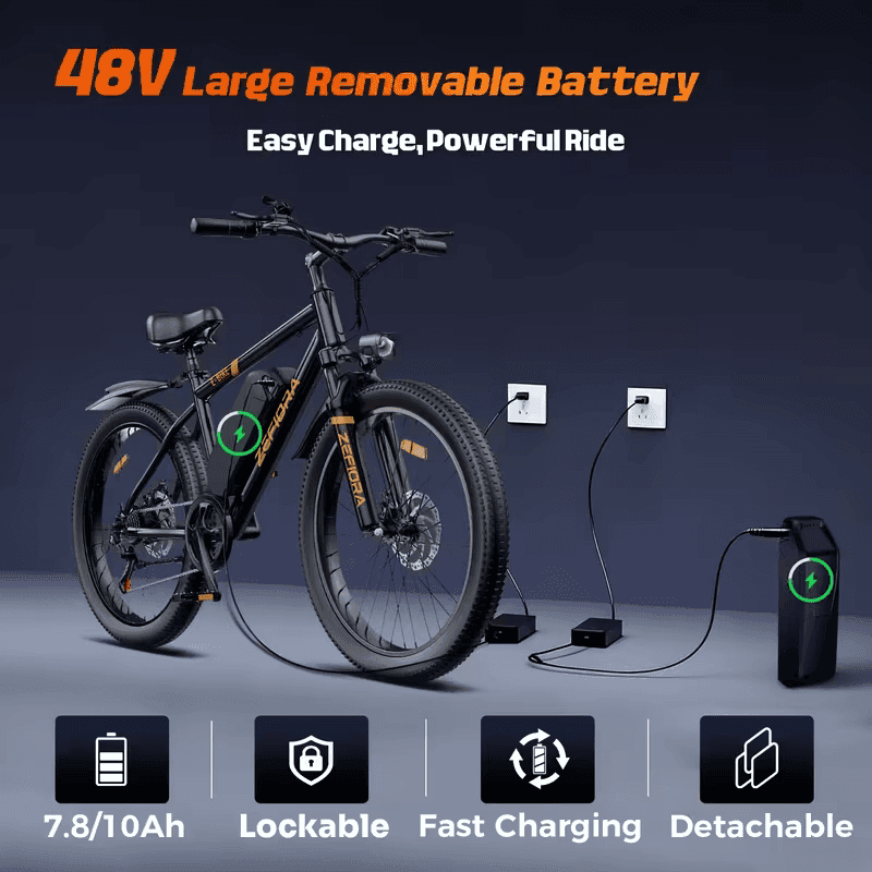 26" Electric Bike for Adults, 749W Motor, 48V 7.8/10AH Removable Battery, 25MPH Top Speed, 7-Speed Gears, Disc Brakes, Front Suspension, 26" X 2.1 All-Terrain Tires, LCD Display, Step-Over Commuter E-Bike